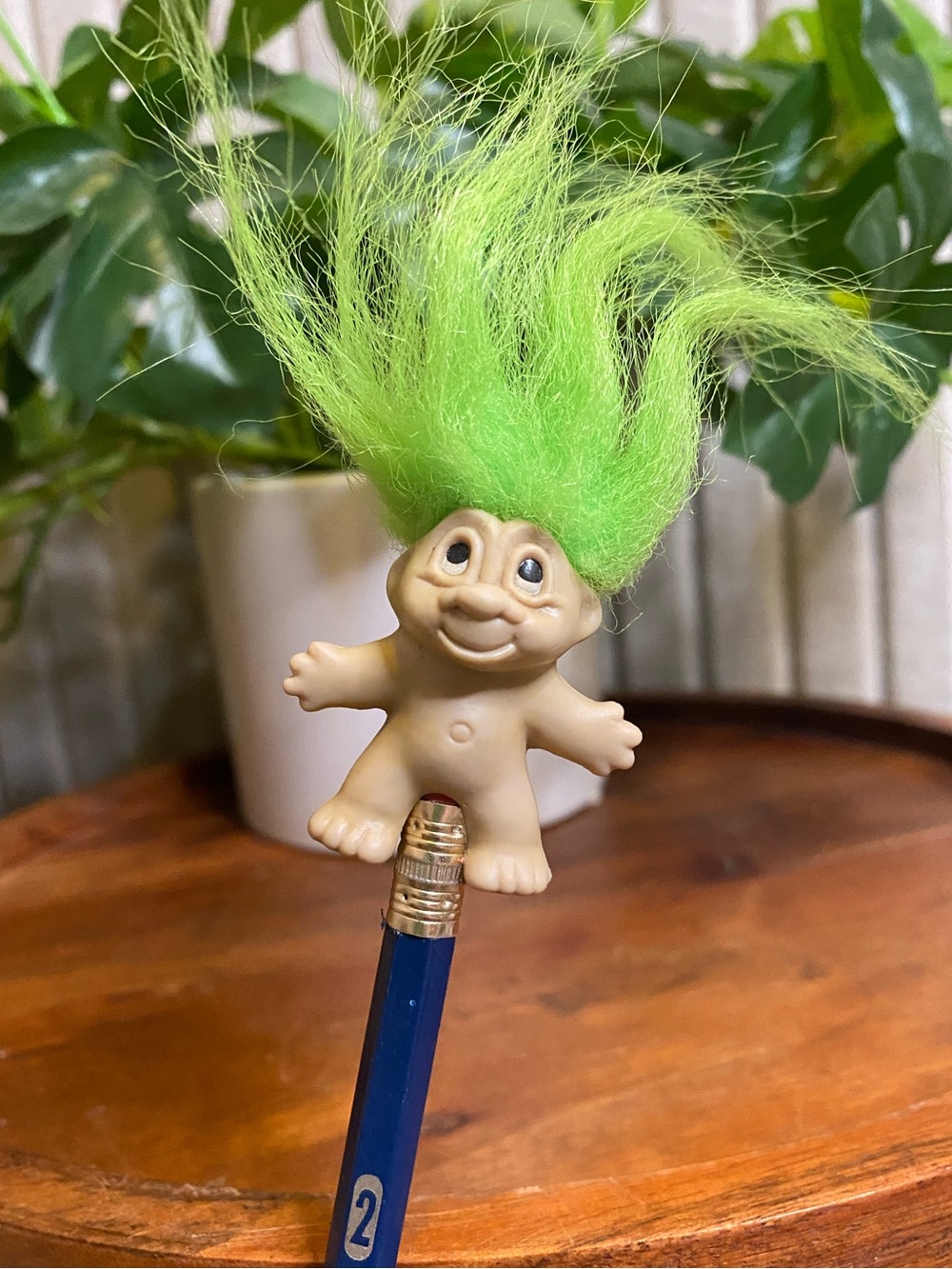 VTG 1989 Thomas Dam Neon Green Troll Doll Quirky Whimsical Pencil Topper Mini